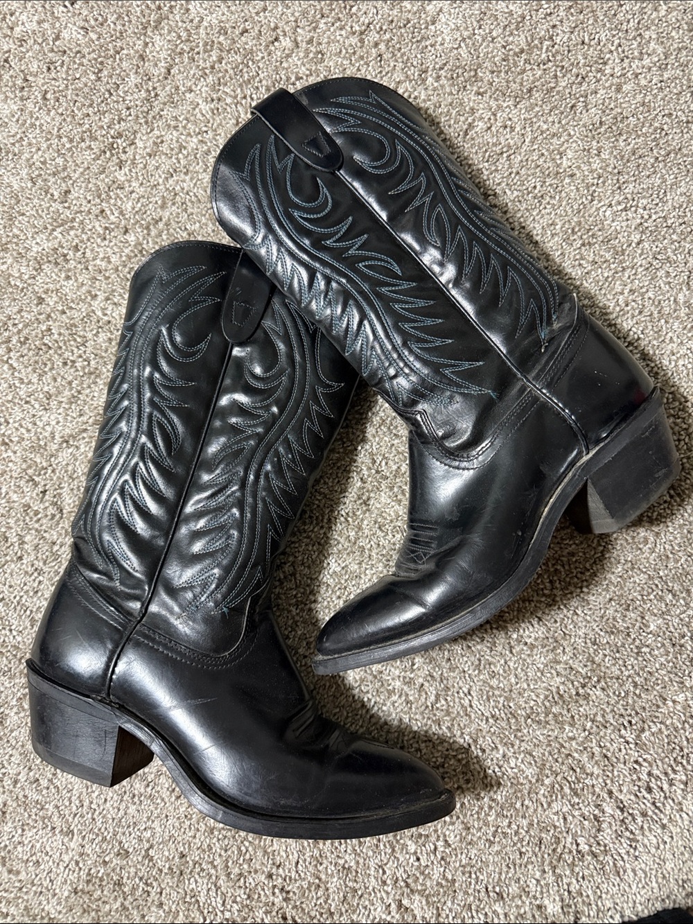 Black Leather Cowboy Boots Embroidered